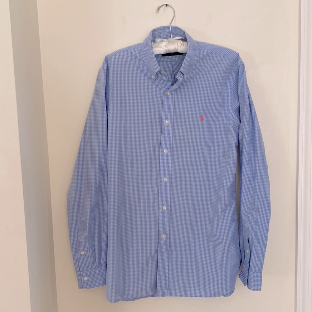 Ralph Lauren Mens Long Sleeve Light Blue Oxford Casual Shirt Polo Logo 15 1/2